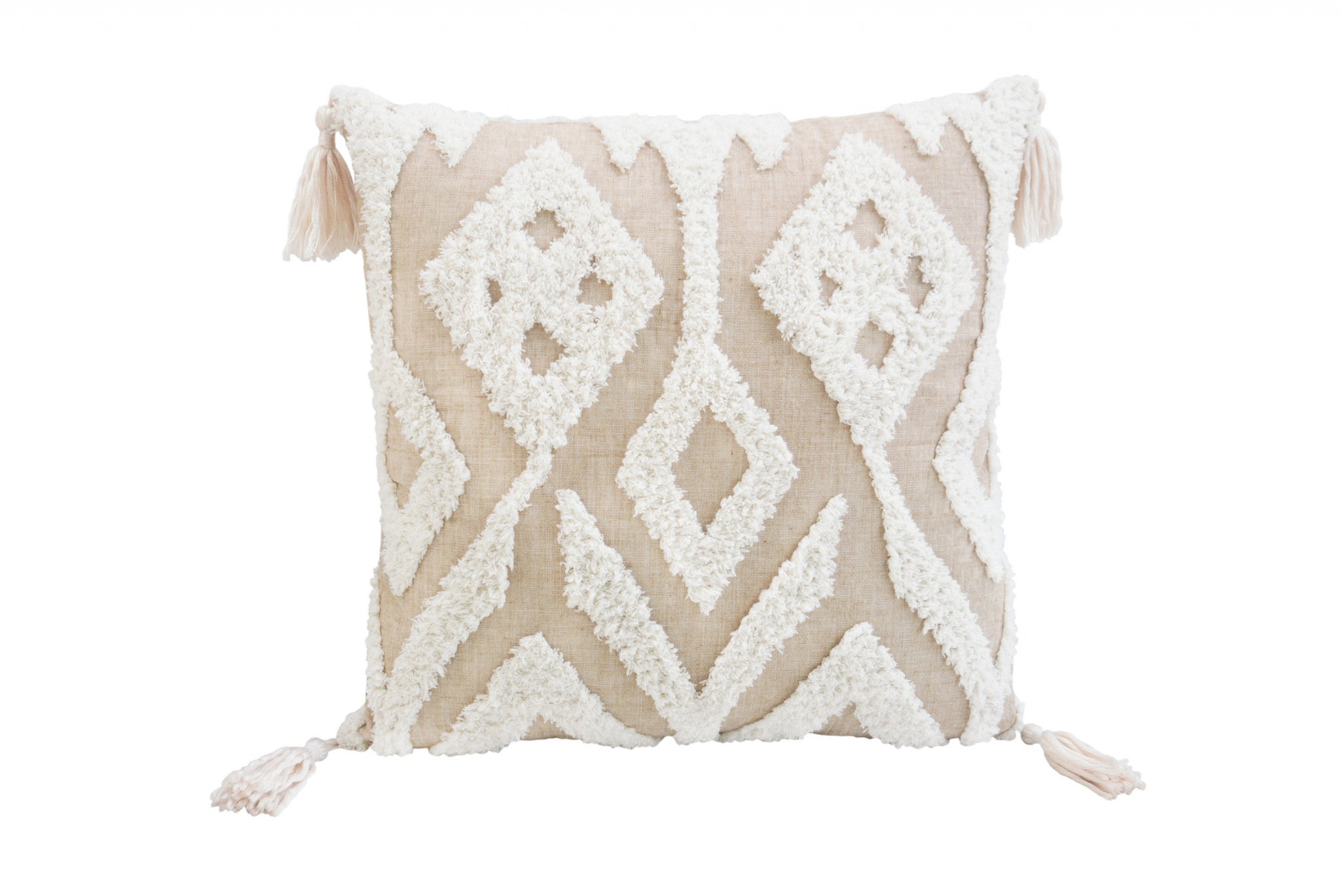 17" X 17" Beige And White Ikat Zippered Polyester Throw Pillow With Tassels - Homeroots - Flyclothing LLC