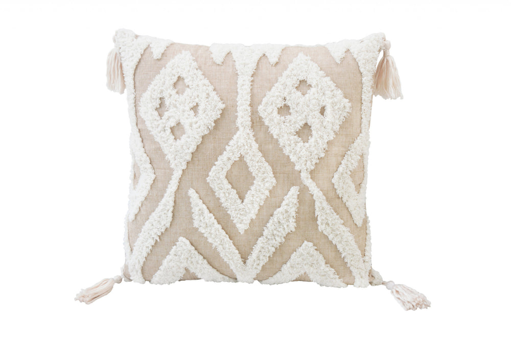 17" X 17" Beige And White Ikat Zippered Polyester Throw Pillow With Tassels - Homeroots - Flyclothing LLC