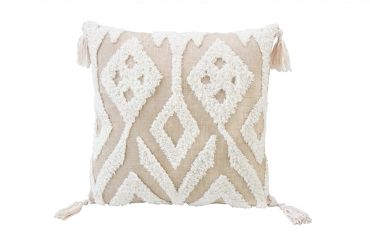 17" X 17" Beige And White Ikat Zippered Polyester Throw Pillow With Tassels - Homeroots