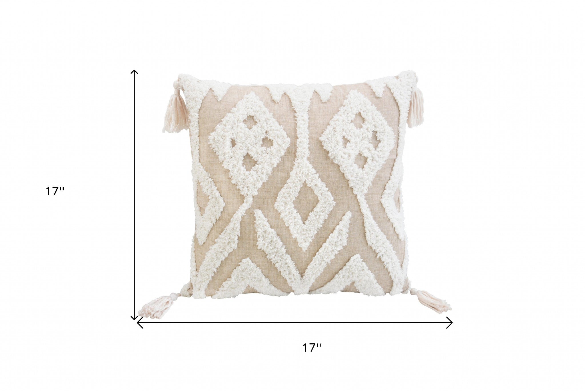 17" X 17" Beige And White Ikat Zippered Polyester Throw Pillow With Tassels - Homeroots - Flyclothing LLC