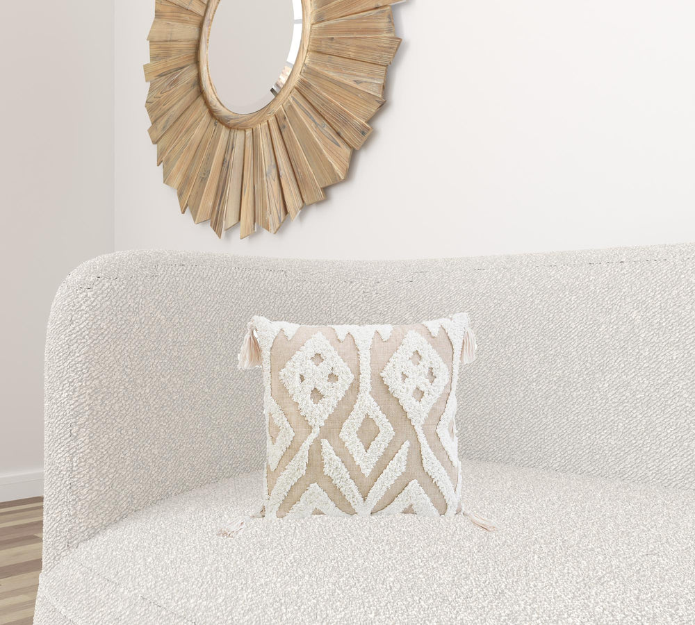 17" X 17" Beige And White Ikat Zippered Polyester Throw Pillow With Tassels - Homeroots - Flyclothing LLC