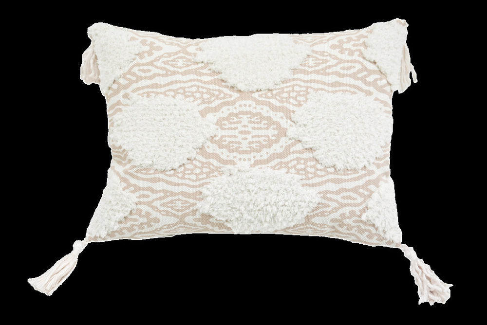 13" X 18" Beige And White Ogee Zippered Polyester And Cotton Blend Throw Pillow With Tassels - Homeroots - Flyclothing LLC