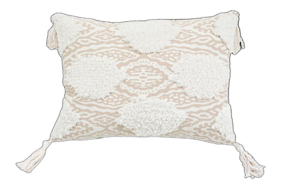 13" X 18" Beige And White Ogee Zippered Polyester And Cotton Blend Throw Pillow With Tassels - Homeroots - Flyclothing LLC