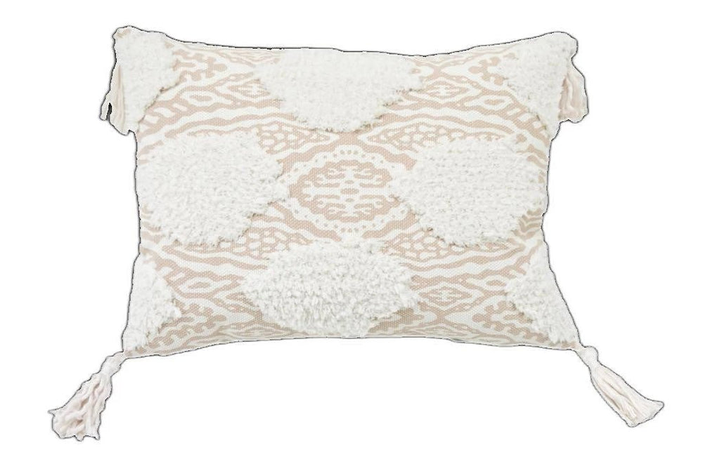 13" X 18" Beige And White Ogee Zippered Polyester And Cotton Blend Throw Pillow With Tassels - Homeroots