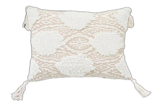 13" X 18" Beige And White Ogee Zippered Polyester And Cotton Blend Throw Pillow With Tassels - Homeroots