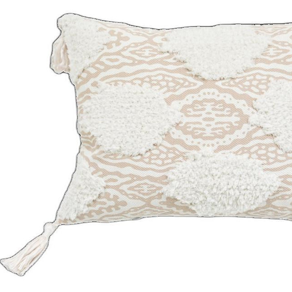 13" X 18" Beige And White Ogee Zippered Polyester And Cotton Blend Throw Pillow With Tassels - Homeroots - Flyclothing LLC