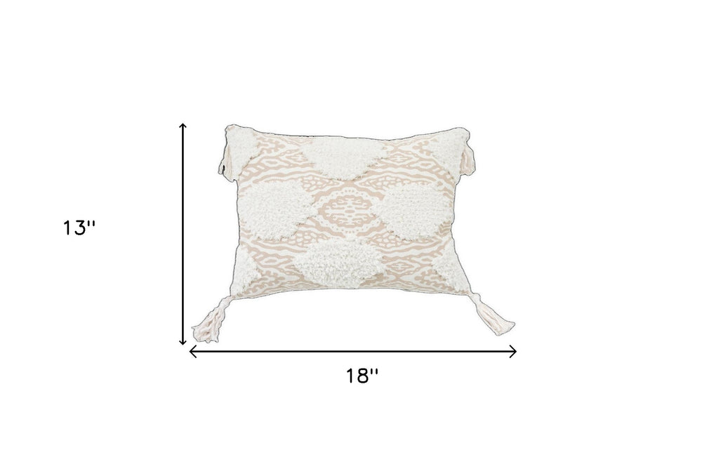 13" X 18" Beige And White Ogee Zippered Polyester And Cotton Blend Throw Pillow With Tassels - Homeroots - Flyclothing LLC