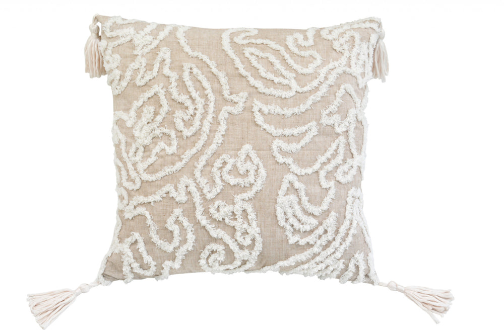 17" X 17" Beige And White Abstract Zippered Polyester Throw Pillow With Tassels - Homeroots - Flyclothing LLC