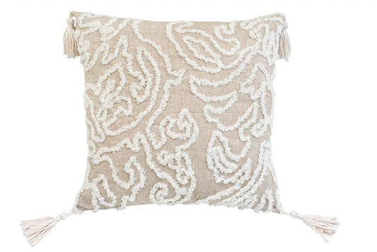 17" X 17" Beige And White Abstract Zippered Polyester Throw Pillow With Tassels - Homeroots