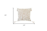 17" X 17" Beige And White Abstract Zippered Polyester Throw Pillow With Tassels