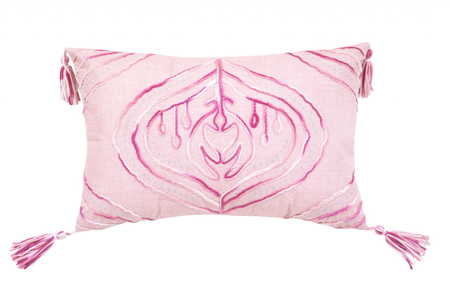 13" X 20" Pink White And Silver Abstract Zippered Polyester Throw Pillow With Tassels - Homeroots - Flyclothing LLC