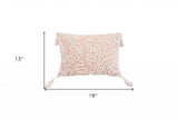 13" X 18" Beige and Ivory Damask Throw Pillow With Texture Embroidery and Tassles - Homeroots