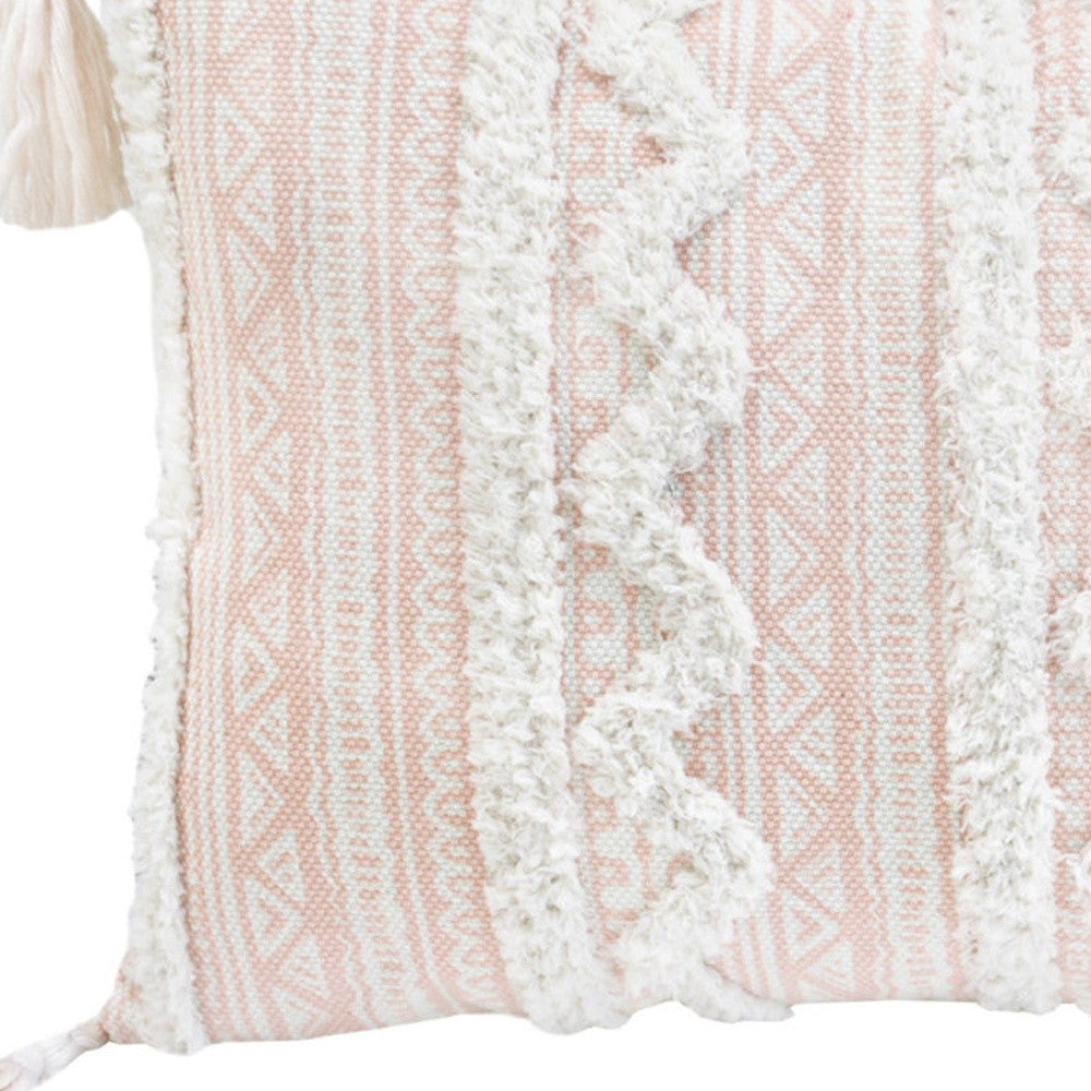 13" X 18" Beige And White Damask Zippered Polyester And Burlap Blend Throw Pillow With Tassels - Homeroots - Flyclothing LLC