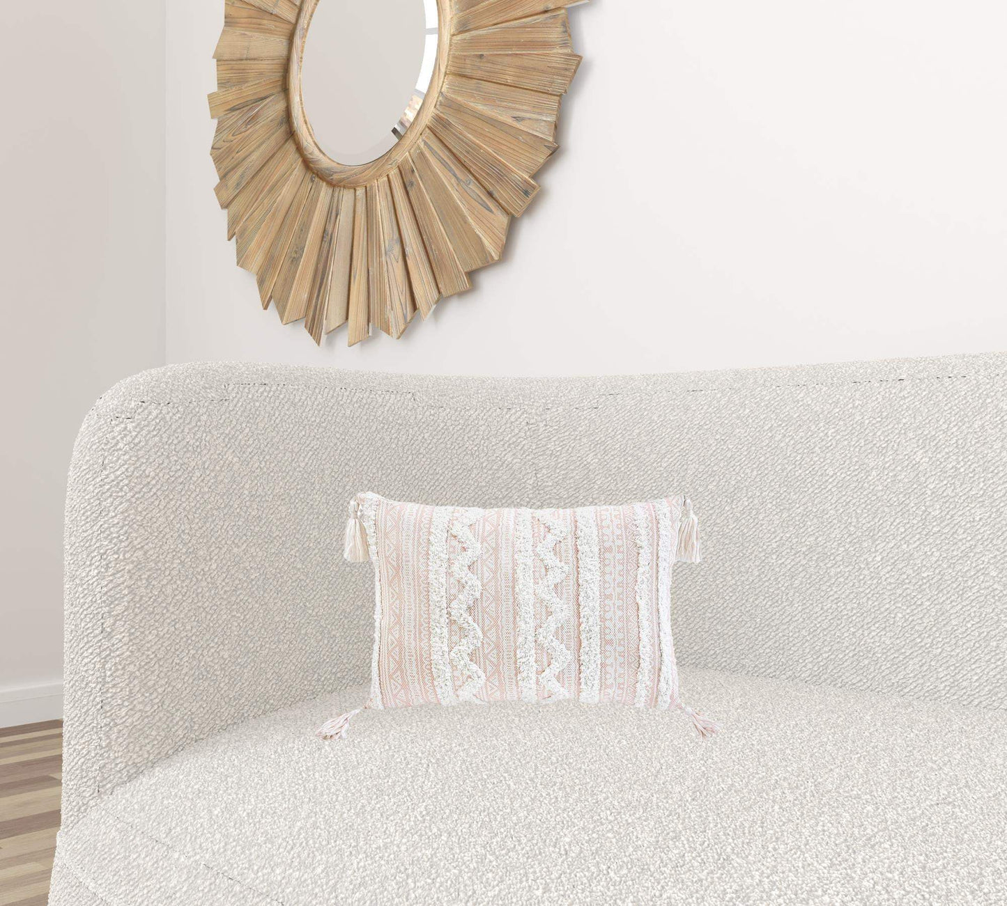 13" X 18" Beige And White Damask Zippered Polyester And Burlap Blend Throw Pillow With Tassels - Homeroots - Flyclothing LLC