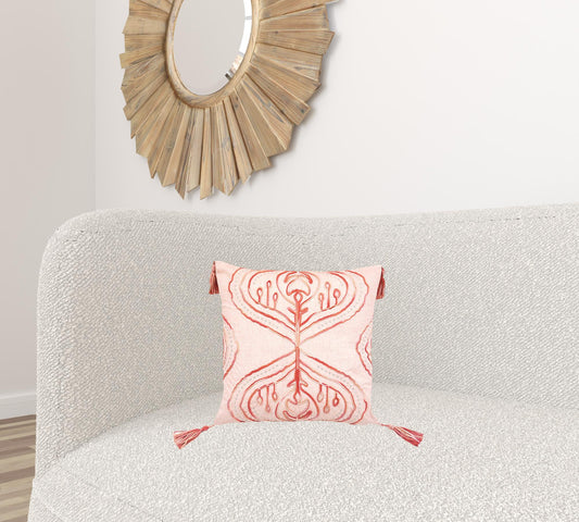 17" X 17" Coral Damask Zippered Polyester Throw Pillow With Tassels - Homeroots
