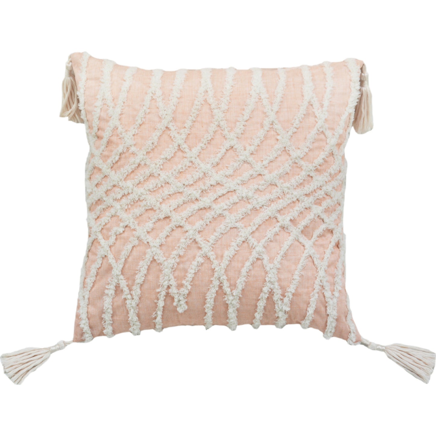 17" X 17" Beige And White Interlocking Zippered Polyester Throw Pillow With Tassels - Homeroots - Flyclothing LLC