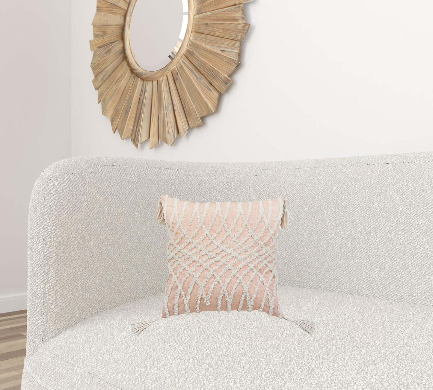 17" X 17" Beige And White Interlocking Zippered Polyester Throw Pillow With Tassels - Homeroots - Flyclothing LLC