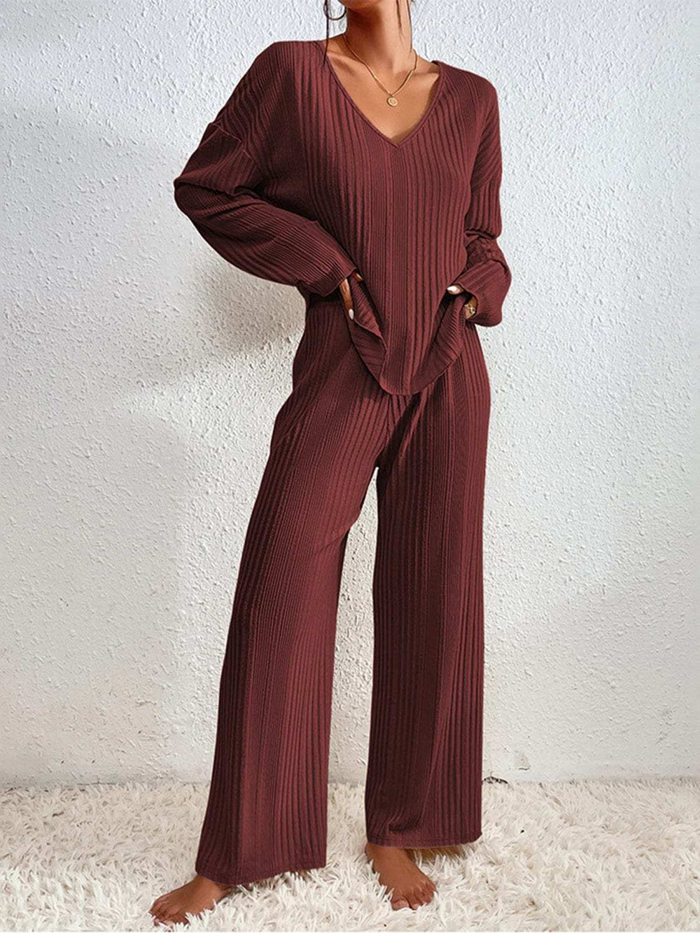 V-Neck Long Sleeve Top and Pants Set - Trendsi - Flyclothing LLC