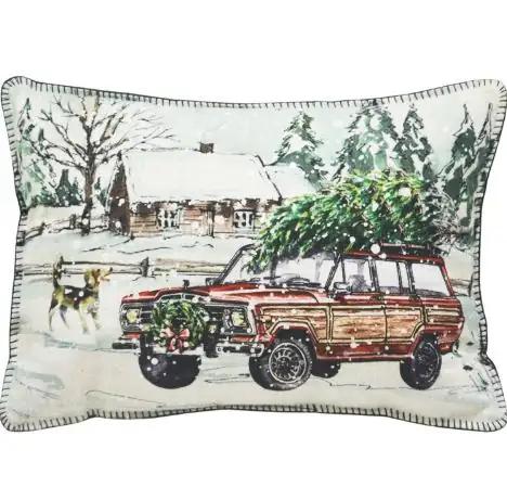 13" X 18" White Green Black And Red Zippered Polyester Christmas Holiday Van Throw Pillow - Homeroots