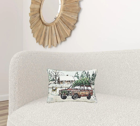 13" X 18" White Green Black And Red Zippered Polyester Christmas Holiday Van Throw Pillow - Homeroots