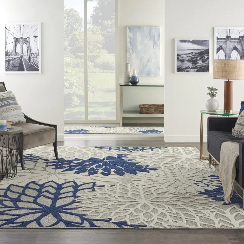 10' X 13' Ivory And Navy Floral Non Skid Indoor Outdoor Area Rug - Homeroots - Flyclothing LLC