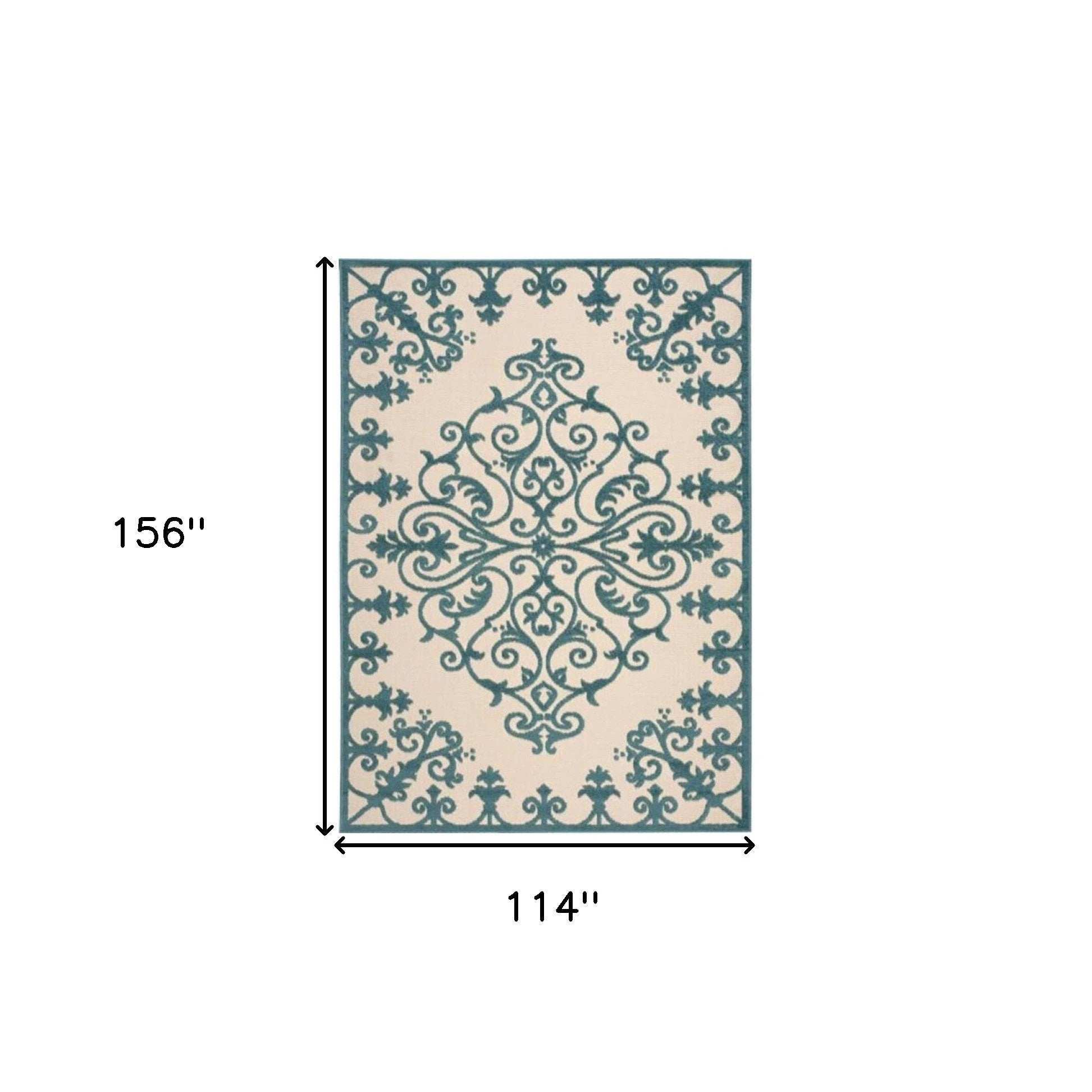 10' X 13' Aqua Damask Non Skid Indoor Outdoor Area Rug - Homeroots - Flyclothing LLC