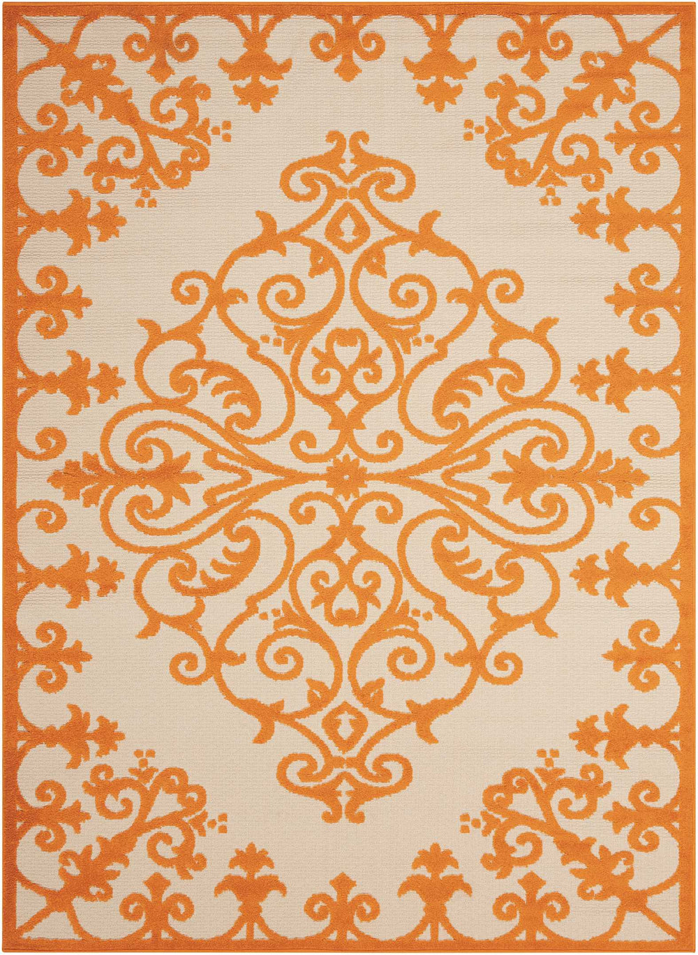 10' X 13' Orange Damask Non Skid Indoor Outdoor Area Rug