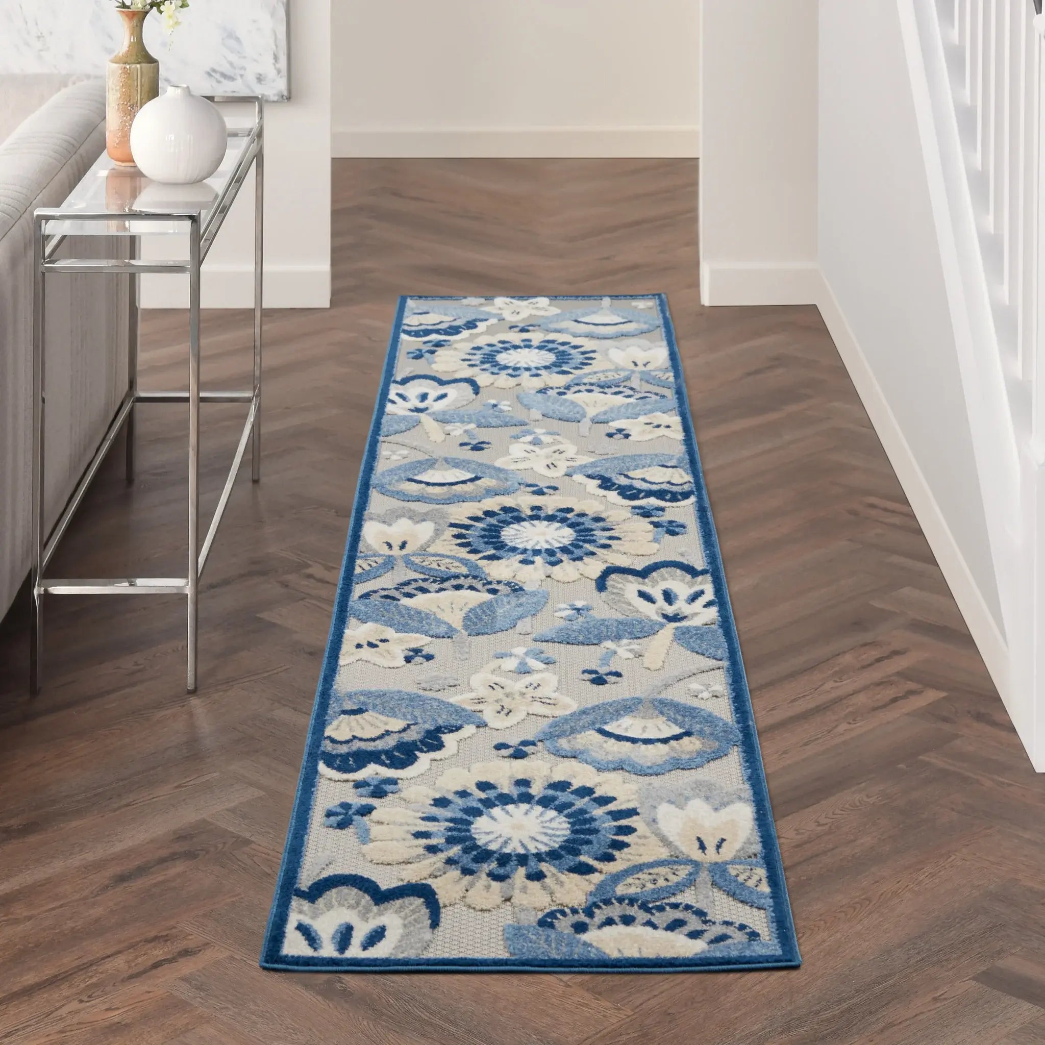 2' X 10' Blue And Grey Floral Non Skid Indoor Outdoor Runner Rug - Homeroots - Flyclothing LLC