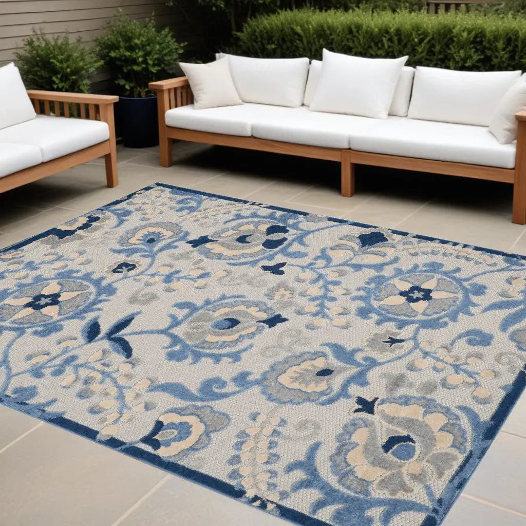9' X 12' Blue And Grey Toile Non Skid Indoor Outdoor Area Rug - Homeroots - Flyclothing LLC