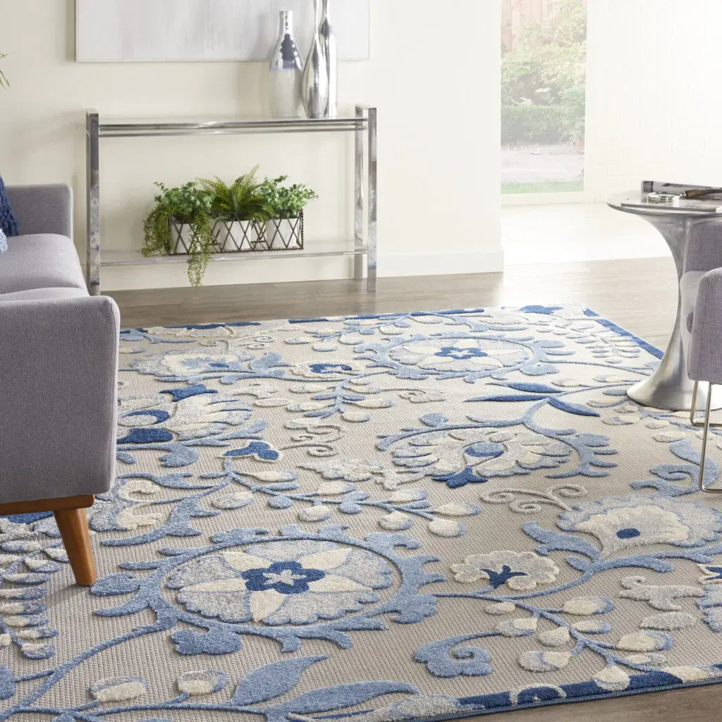 9' X 12' Blue And Grey Toile Non Skid Indoor Outdoor Area Rug - Homeroots - Flyclothing LLC