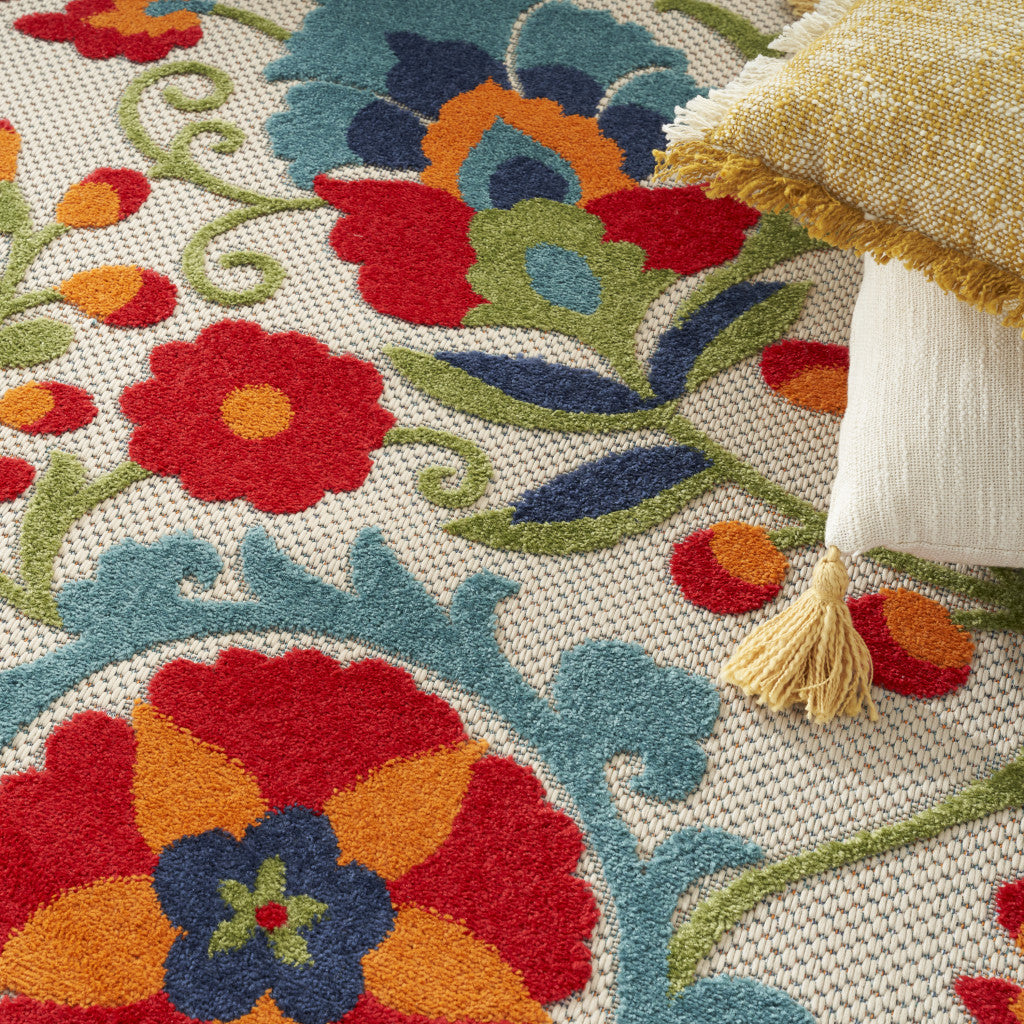 9' X 12' Beige Orange And Red Toile Non Skid Indoor Outdoor Area Rug