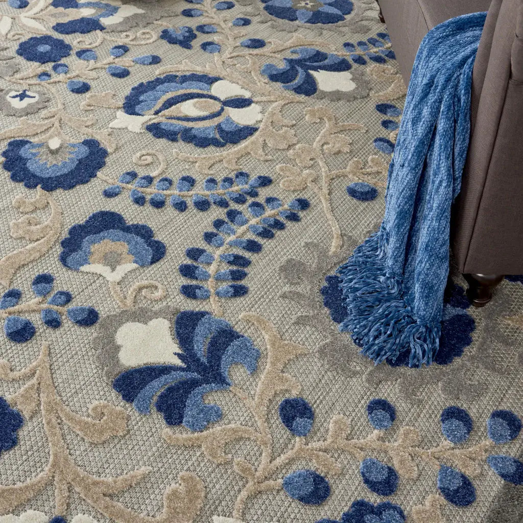 10' X 13' Natural And Blue Toile Non Skid Indoor Outdoor Area Rug - Homeroots - Flyclothing LLC