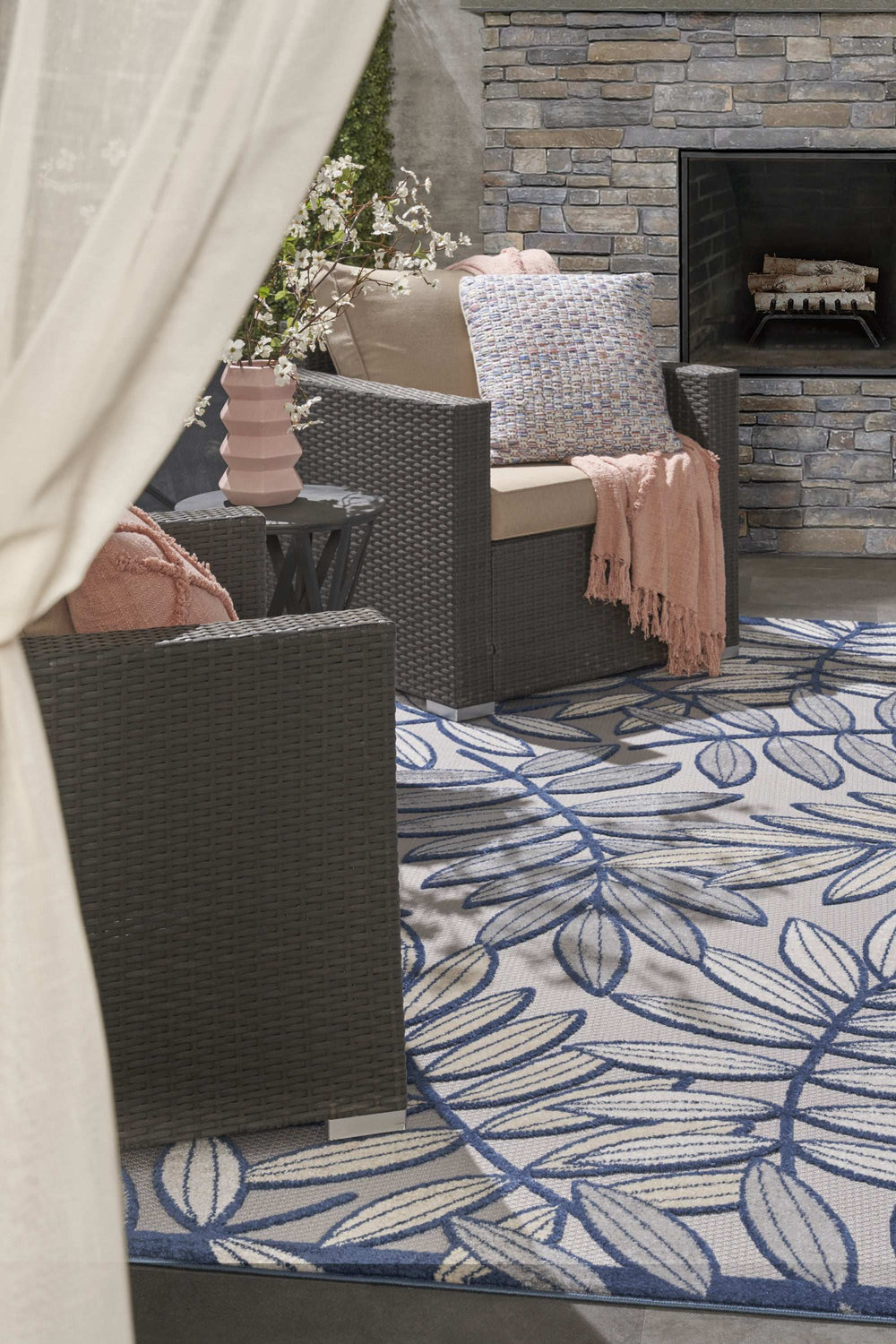 12' X 15' Ivory And Navy Floral Non Skid Indoor Outdoor Area Rug - Homeroots - Flyclothing LLC