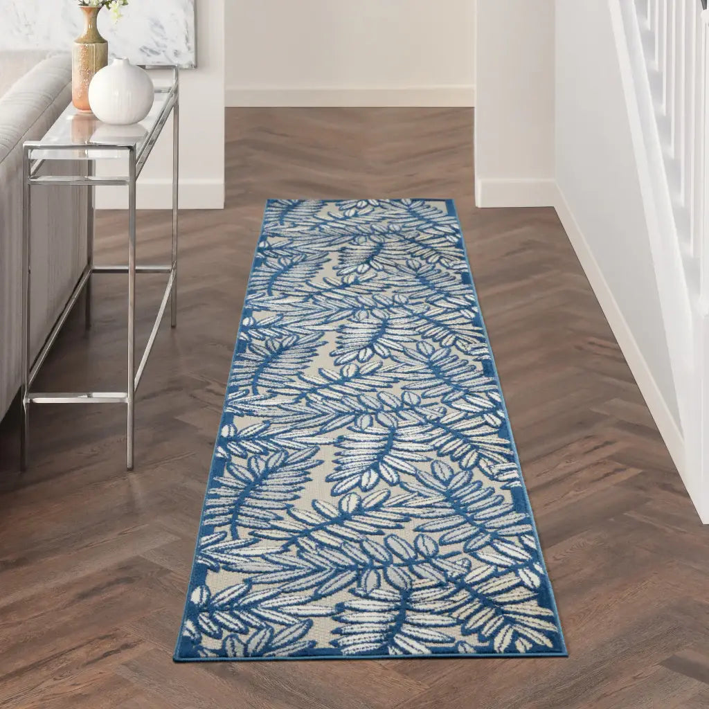 2' X 10' Ivory And Navy Floral Non Skid Indoor Outdoor Runner Rug - Homeroots - Flyclothing LLC