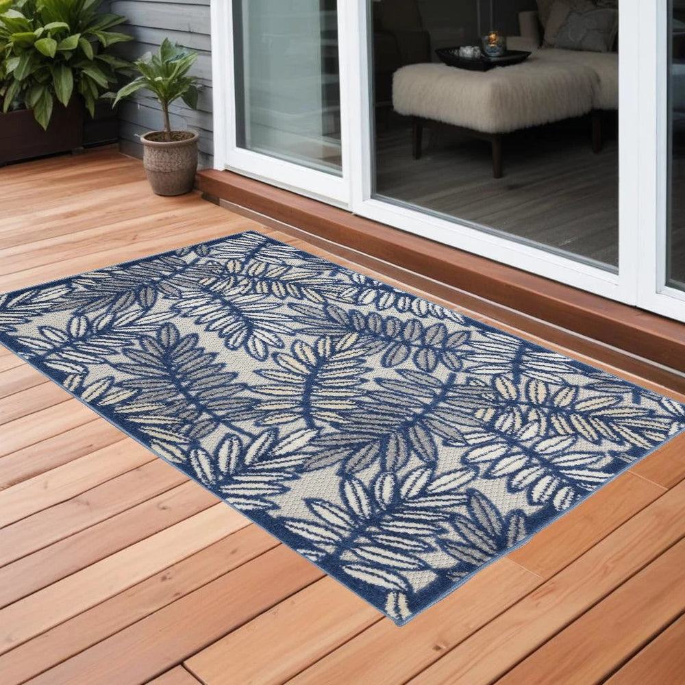 3' X 4' Ivory And Navy Floral Non Skid Indoor Outdoor Area Rug - Homeroots