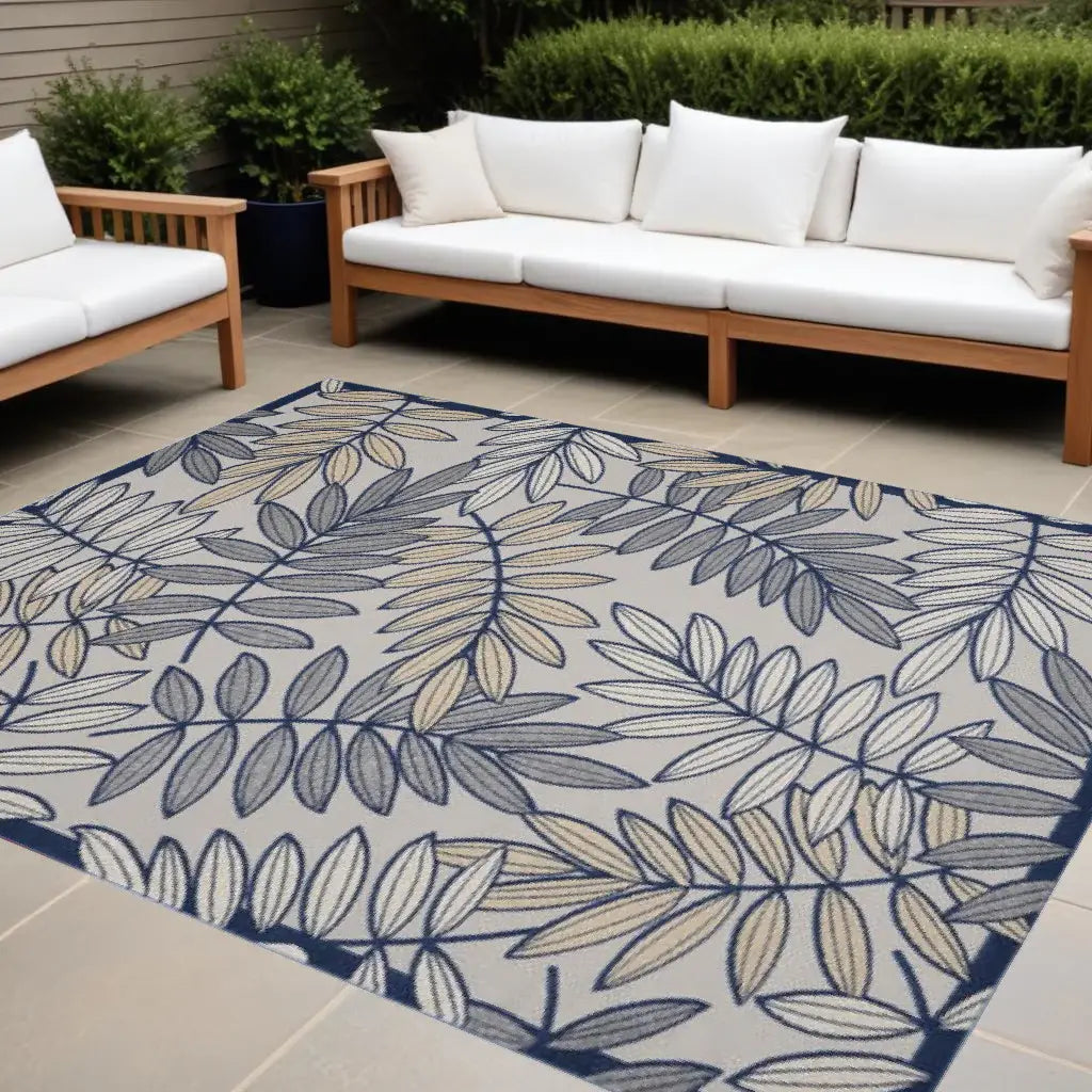 9' X 12' Ivory And Navy Floral Non Skid Indoor Outdoor Area Rug - Homeroots - Flyclothing LLC