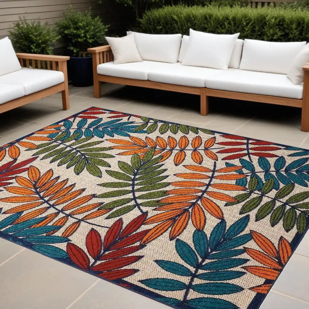 10' X 13' Beige Green And Orange Floral Non Skid Indoor Outdoor Area Rug - Homeroots
