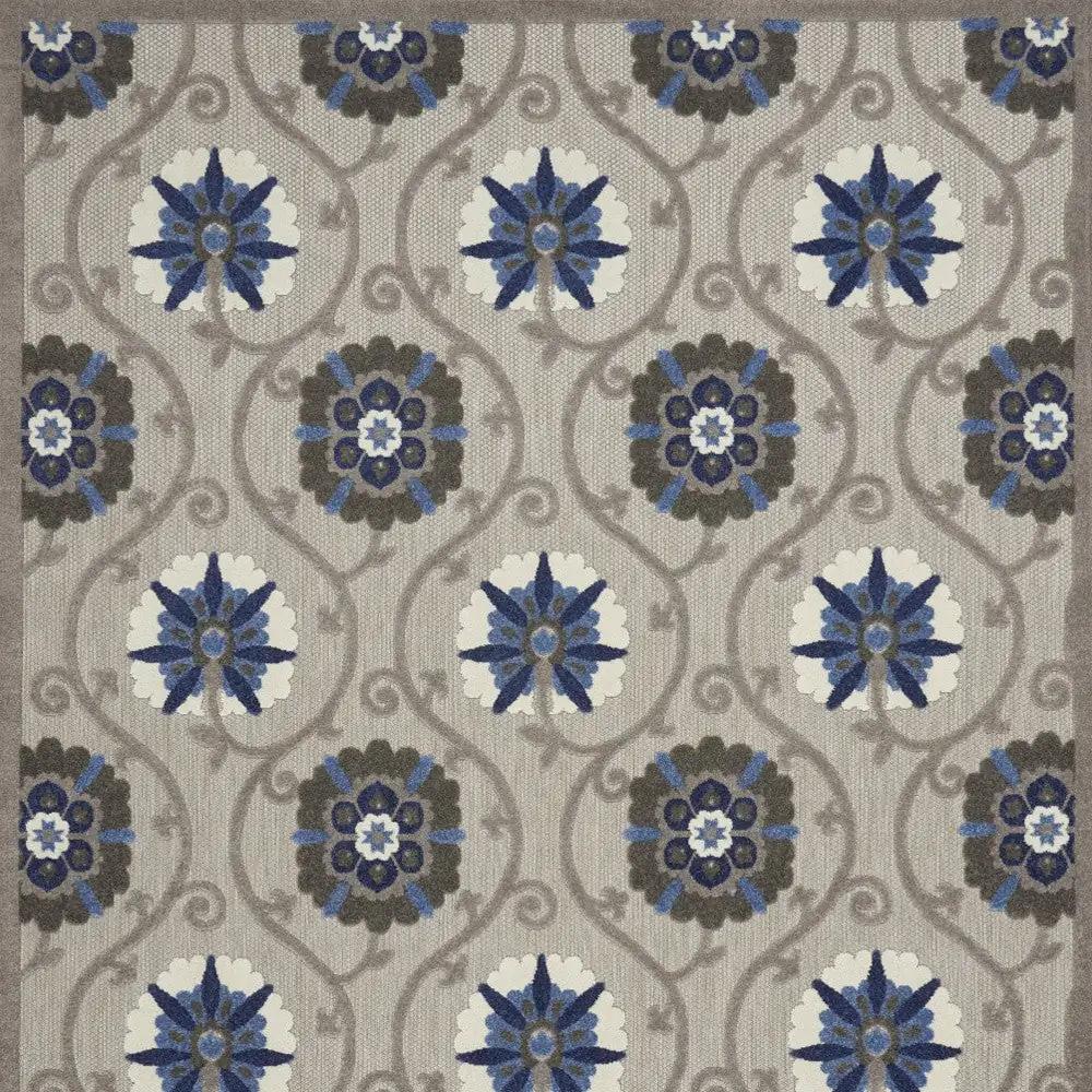 10' X 13' Grey And Blue Floral Non Skid Indoor Outdoor Area Rug - Homeroots