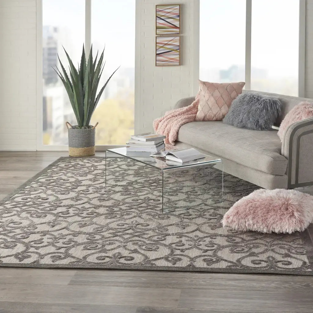 10' X 13' Grey And Charcoal Damask Non Skid Indoor Outdoor Area Rug - Homeroots - Flyclothing LLC