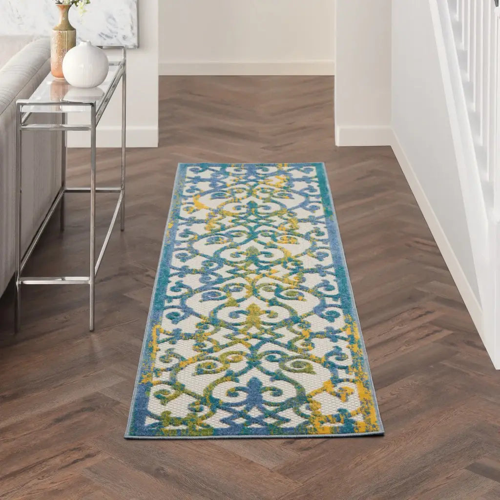 2' X 6' Ivory And Blue Damask Non Skid Indoor Outdoor Runner Rug - Homeroots - Flyclothing LLC