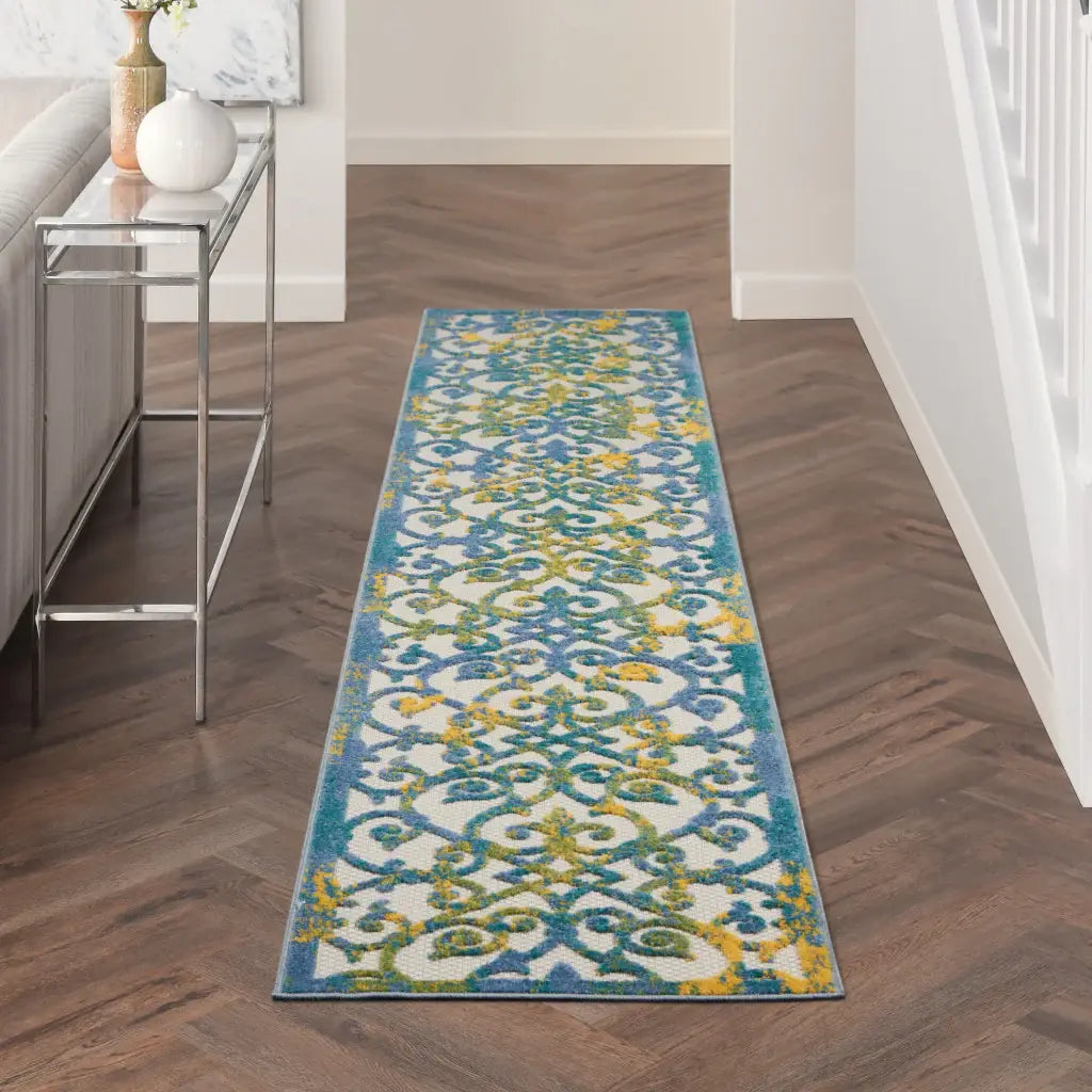 2' X 10' Ivory And Blue Damask Non Skid Indoor Outdoor Runner Rug - Homeroots - Flyclothing LLC