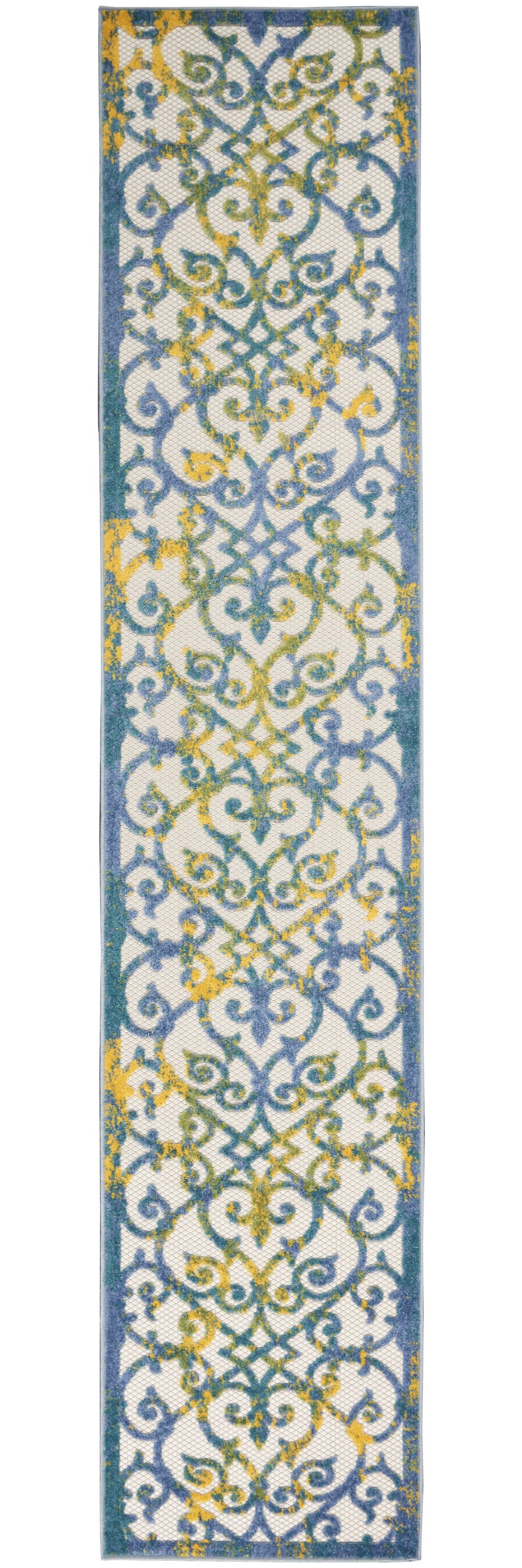2' X 10' Ivory And Blue Damask Non Skid Indoor Outdoor Runner Rug - Homeroots