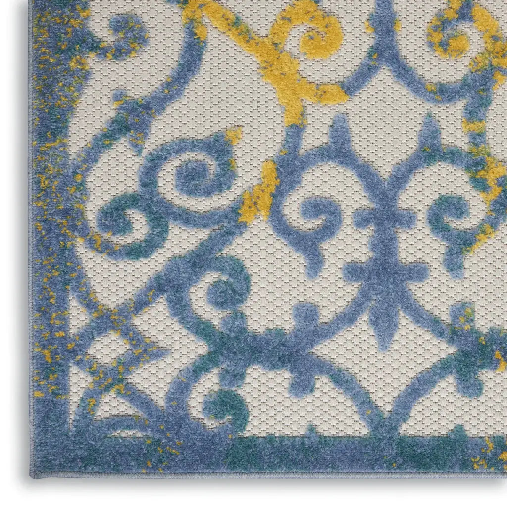 2' X 12' Ivory And Blue Damask Non Skid Indoor Outdoor Runner Rug - Homeroots - Flyclothing LLC