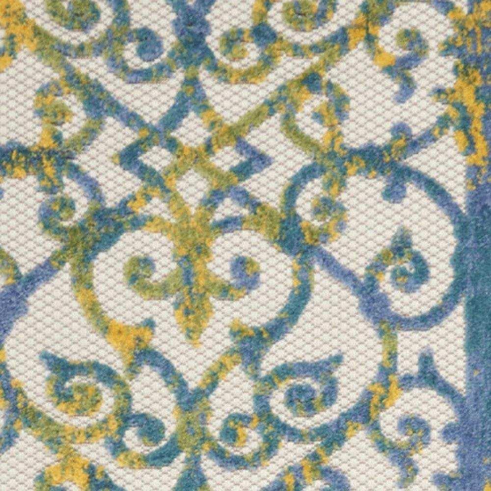 2' X 12' Ivory And Blue Damask Non Skid Indoor Outdoor Runner Rug - Homeroots - Flyclothing LLC