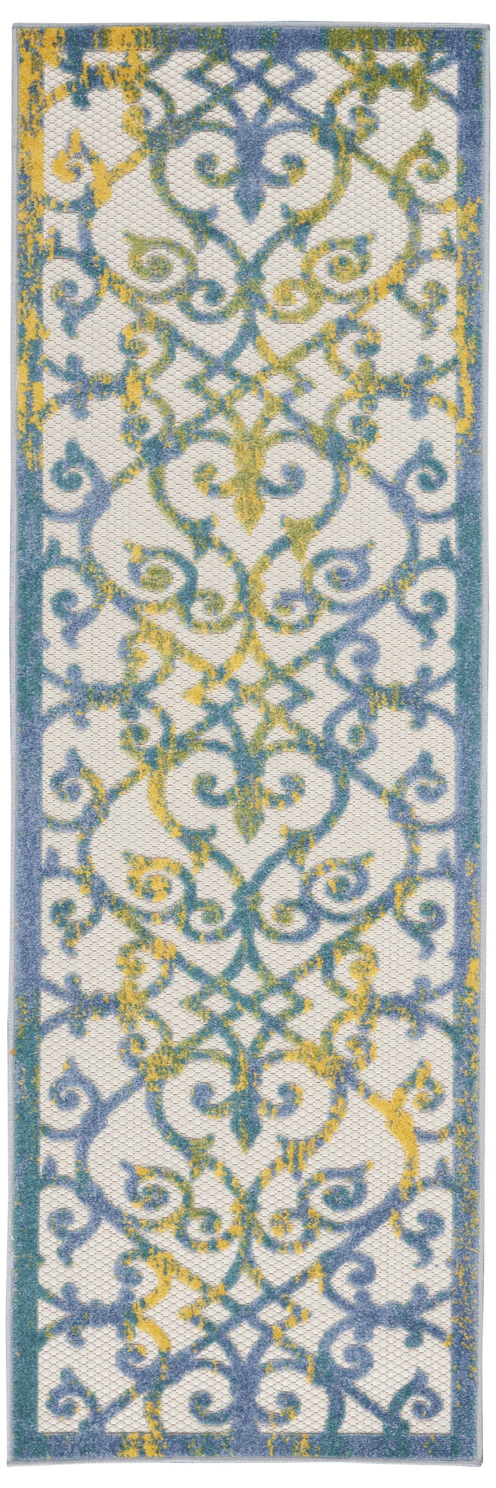 2' X 8' Ivory And Blue Damask Non Skid Indoor Outdoor Runner Rug - Homeroots