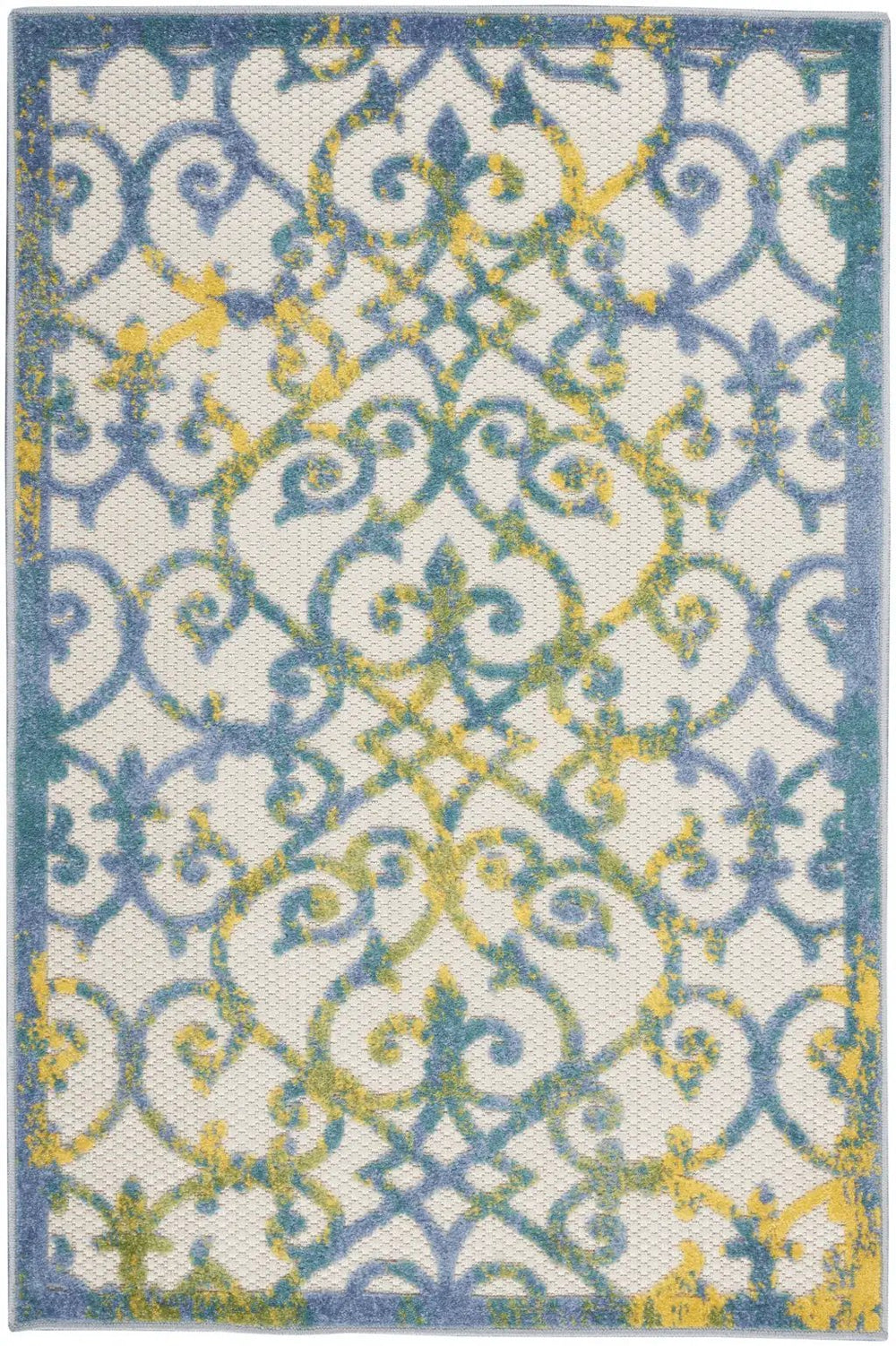 3' X 4' Ivory And Blue Damask Non Skid Indoor Outdoor Area Rug - Homeroots