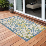 3' X 4' Ivory And Blue Damask Non Skid Indoor Outdoor Area Rug