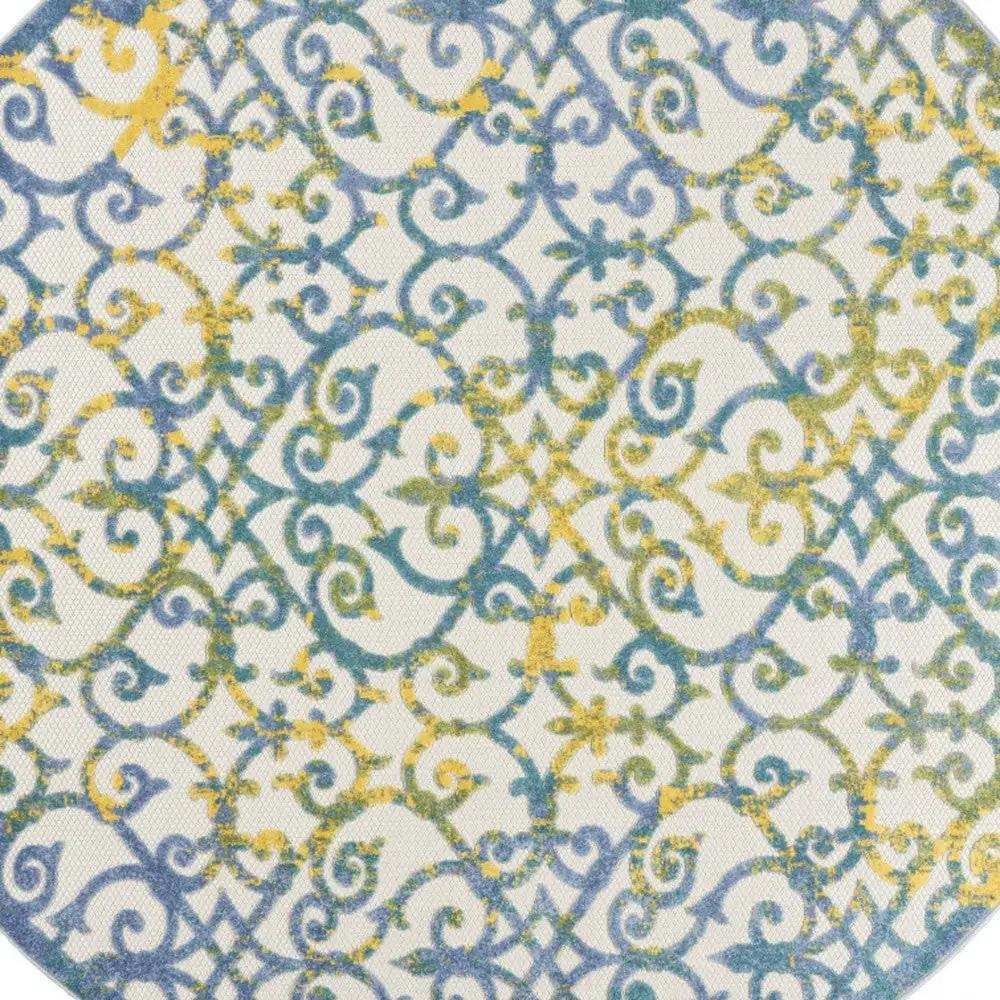 8' X 8' Ivory And Blue Round Damask Non Skid Indoor Outdoor Area Rug - Homeroots - Flyclothing LLC