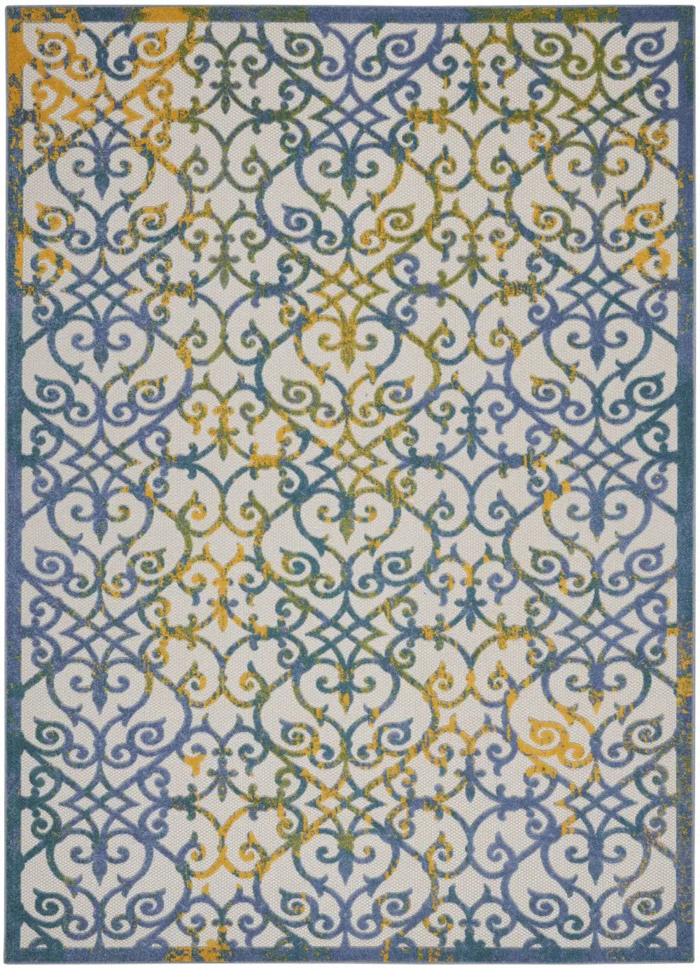 10' X 13' Ivory And Blue Damask Non Skid Indoor Outdoor Area Rug - Homeroots