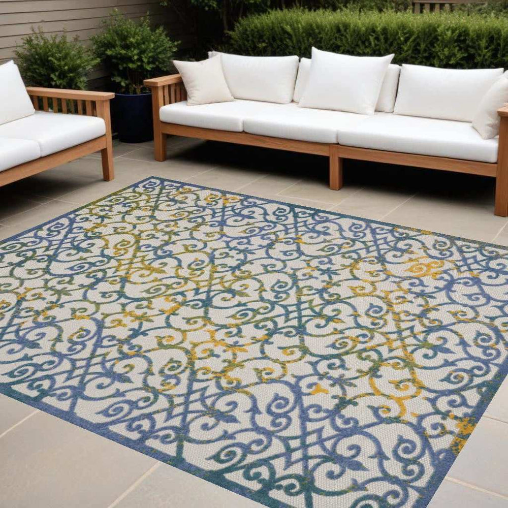 10' X 13' Ivory And Blue Damask Non Skid Indoor Outdoor Area Rug - Homeroots - Flyclothing LLC